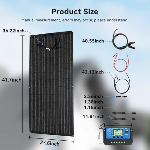 Product size diagram of 800W Flexible Solar Panel Kit For RV And Off Grid Power 2x400W Monocrystalline Panels With ETFE Surface