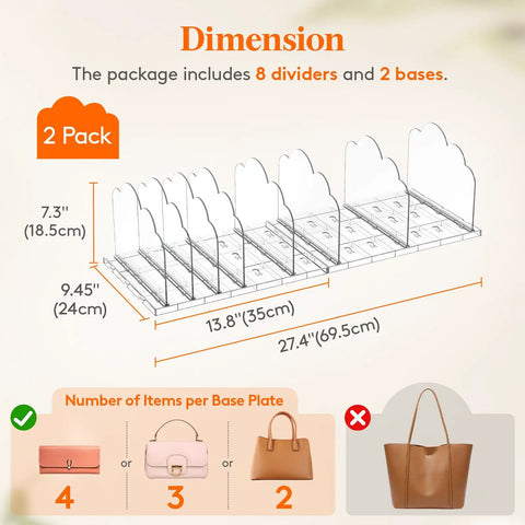 Dimensions of Purse Organizer For Closet Clear Handbag Storage Organizer With Adjustable Dividers Clutch Pouch Organizer Includes 2 Shelf Dividers For Sweaters Keeps Bags Upright Easy Access Neat shown