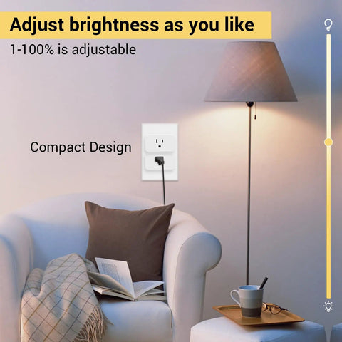 Z Wave Outlet Dimmer 2 Pack With 800 Series LR Plug Extender installed in a cozy living room setting with adjustable lamp.