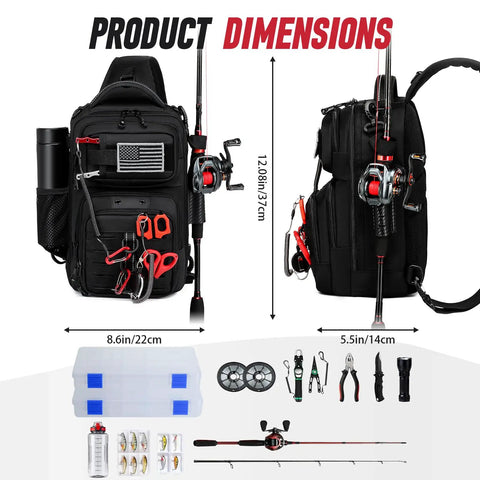 Fishing Sling Bag with Rod Holder and MOLLE System shown with dimensions and equipment layout, black.