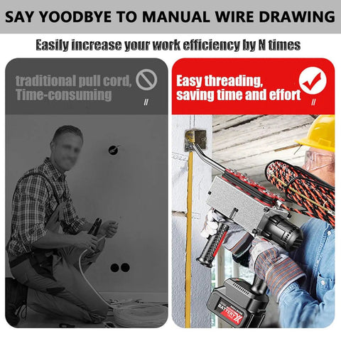 Professional Cordless Fish Tape For Electricians With 21V Brushless Motor and Powerful Battery Life Up to 4 Hours, shown in use for easy wire threading.