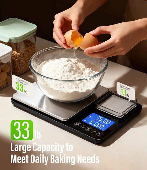 Dual Platform Kitchen Scale With 33 Lb Large Capacity And 1.1 Lb Mini Precision Scale, Dual Line LCD Display, Stainless Steel
