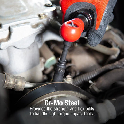 Close-up of a One Quarter Inch Drive Deep Magnetic Impact Socket being used on engine, showcasing Cr Mo steel durability.