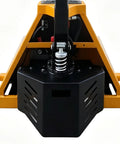 Heavy Duty Electric Pallet Jack 3300 Lbs Capacity 45X27 Forks Lithium Battery Powered Stand Up Walkie front view with engine details