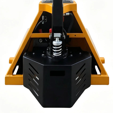 Heavy Duty Electric Pallet Jack 3300 Lbs Capacity 45X27 Forks Lithium Battery Powered Stand Up Walkie front view with engine details