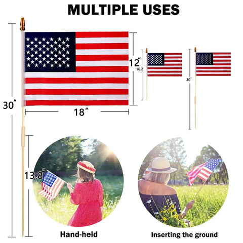 12 Pack 12x18 Inch American Flags For Outdoors With Grounded Multi Purpose Flagpole And Handheld Options display diagram