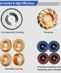 Image showing All In One Wood Carving Disc Set For Four Inch And Four And A Half Inch Angle Grinders, with various carving and grinding discs.