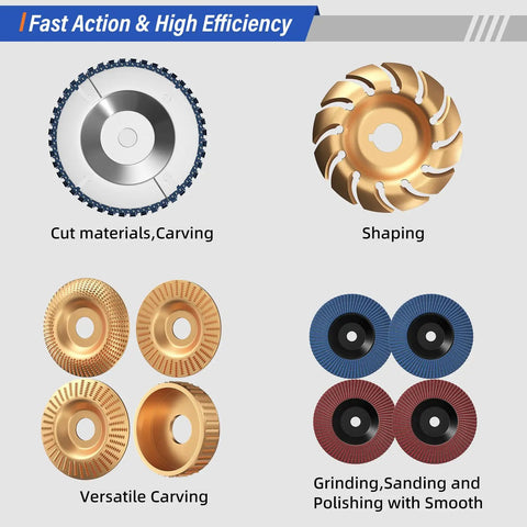 Image showing All In One Wood Carving Disc Set For Four Inch And Four And A Half Inch Angle Grinders, with various carving and grinding discs.