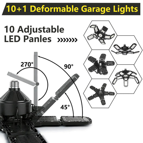 Beast Mode 300W LED Garage Light Delivers 30,000 Lumens Of Crisp 6500K Daylight, 10 Plus 1 Adjustable Panels, E26 E27 Screw In Industrial Ceiling Fixture For Garage Workshop Basement Utility Room shown with adjustable panels