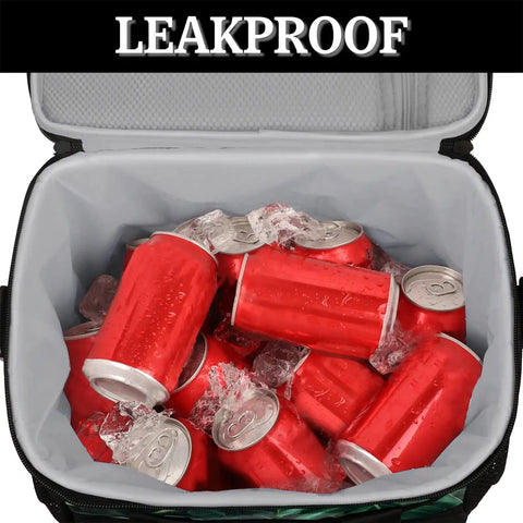 Open view of Green Palm Leaf Insulated Picnic Backpack Lunch Bag for Women and Men portable cooler with red cans and ice inside.