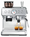 Top Tier 58mm Espresso Machine With Integrated Conical Burr Grinder brewing espresso into two glasses, stainless steel finish.