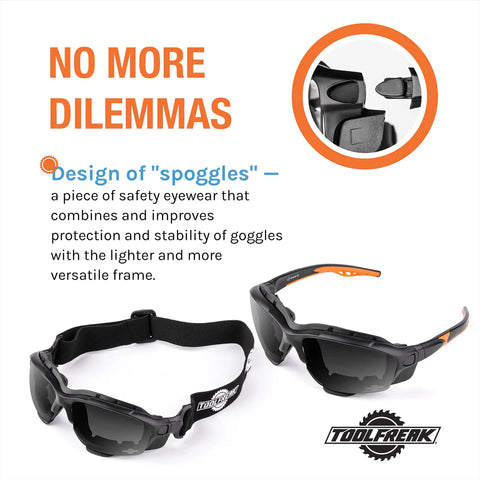 Spoggles All-In-One Protective Eyewear with Foam Padding, showing smoke lens and strap, for work and DIY, displayed on white background.