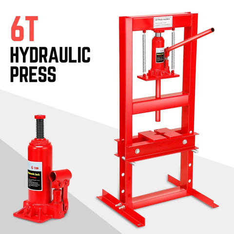 Front view of DNA Motoring 6-ton red hydraulic shop press with H-frame and base plates