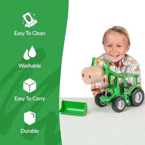1 To 20 Scale Farm Tractor With Hay Bale And Bucket Attachment, Green Toy Tractor With Moving Front Arms, Rear Hitch For Round Baler