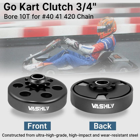 Front and back view of Go Kart Clutch 0.75 Inch Bore 10 Tooth For 40 41 420 Chain Predator 212 Centrifugal Clutch with go kart driver.