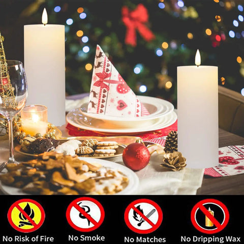 Festive dining table with White Flameless Candles Set Of 2 2.2x5 Inch LED Pillar Candles With Remote, Timer, decorations