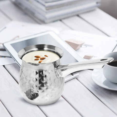 Stovetop Turkish Coffee Pot Cezve Ibrik Hammered Stainless Steel 400ml Coffee Maker Milk Warmer with Spout on table
