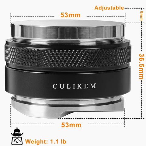 Dual Head Espresso Distributor And Tamper For 53mm And 54mm Portafilters with adjustable 53mm base, side view