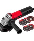 Premium Heavy Duty 4 1/2 Inch Angle Grinder With A Badass 7.5 Amp Motor and ergonomic handle, shown with cutting and grinding discs.