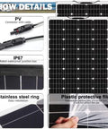 Close-up of 1000W Flexible RV Solar Panel Kit with 2x500W 12V panels, showing PV connectors and waterproof features.