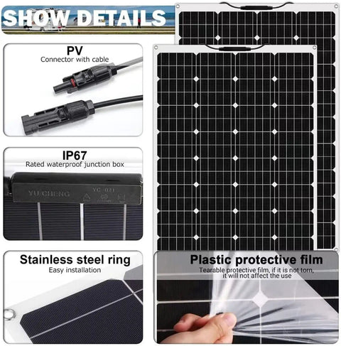 Close-up of 1000W Flexible RV Solar Panel Kit with 2x500W 12V panels, showing PV connectors and waterproof features.