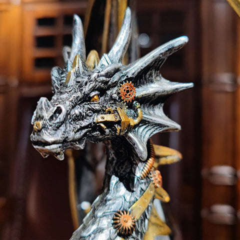 Dope Steampunk Dragon Statue Resin Sculpture With Gears And Metallic Finish For Home Decor And Man Cave Gothic Retro Look