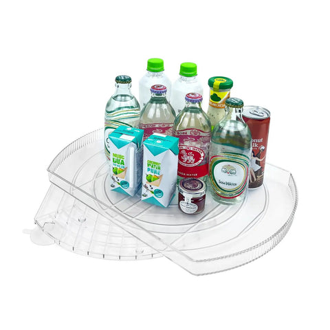 Rotating Lazy Susan Turntable Organizer Rectangular 16.5 Inch By 11.1 Inch For Fridge Pantry And Countertop with assorted bottles