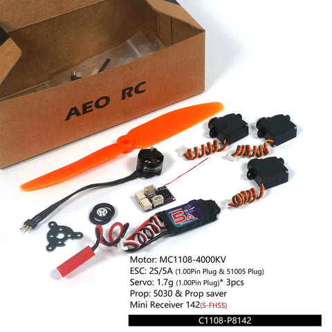 Micro Brushless Motor Combo 2S 7.4V 4000KV With Esc And Carbon Prop Saver For Indoor Rc Airplane Flying And Nano Receiver components laid out for easy setup