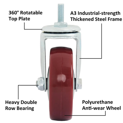 Heavy Duty Swivel Caster Wheels Featuring Slick Polyurethane Treads And A Sturdy Threaded Stem Mount with 360° rotatable top plate.
