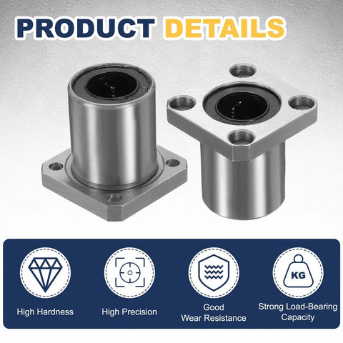 2 Pack LMK16UU 16mm Bore Linear Ball Bearings Square Flange Bushing ABEC3 Grade with dual rubber seals for CNC operations and 3D builds.