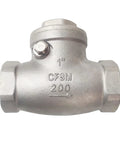 Front view: 1-inch CF8M stainless steel swing check valve with female NPT ends, 200 PSI rating