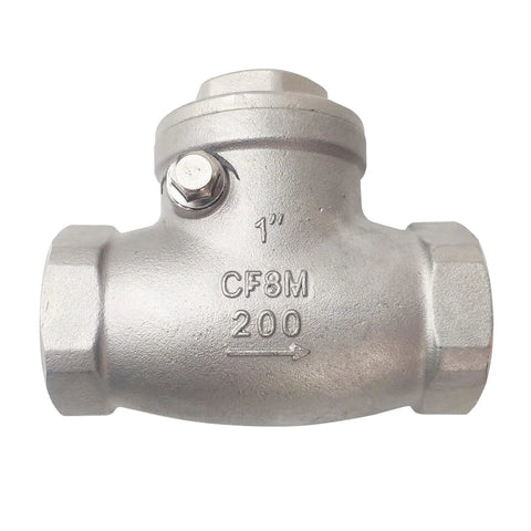 Front view: 1-inch CF8M stainless steel swing check valve with female NPT ends, 200 PSI rating