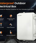 Outdoor Electrical Junction Box Waterproof Weatherproof Enclosure IP66 UL94-V0 Rated 13.8 By 9.9 By 5.9 Inches Grey Hinged Door Durable PC-ABS Alloy Plastic For Weatherproof Projects mounted on a dark rocky background with durability icons displayed.