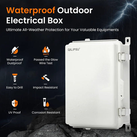 Outdoor Electrical Junction Box Waterproof Weatherproof Enclosure IP66 UL94-V0 Rated 13.8 By 9.9 By 5.9 Inches Grey Hinged Door Durable PC-ABS Alloy Plastic For Weatherproof Projects mounted on a dark rocky background with durability icons displayed.