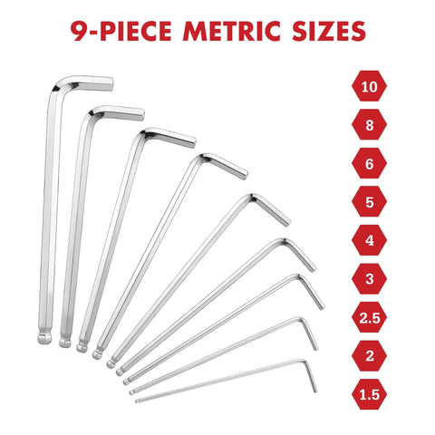 9-piece metric set from 18 Piece Allen Wrench Set With Ball End For Bike, Furniture, And Electrical Repairs, SAE And Metric Hex Keys