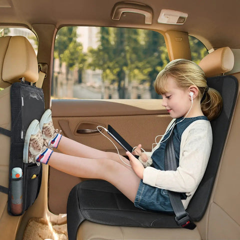 Child using tablet next to 2 In 1 Car Seat Protector And Kick Mat With iPad Holder And Touchscreen Pocket Backseat Organizer.