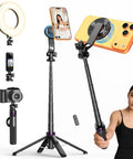 4 In 1 Magnetic Tripod For iPhone With 1 Quarter Inch Screw 53 Inch MagSafe Selfie Stick Tripod With Wireless Remote shown in use