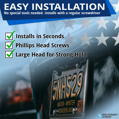 License Plate Screws Front And Rear Mount Hardware Kit Black Plated Rustproof Stainless Steel Self Tapping Bolts For Most Domestic Cars Trucks SUVs Pack Of Four No Fuss Install with easy installation text and checklist over blurred car background.