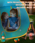 Kids Camping Set 50 Piece With Tent Space Projector Flashlight Toy Gear, children in play tent with flashlight under starry sky effect.