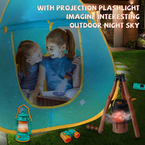 Kids Camping Set 50 Piece With Tent Space Projector Flashlight Toy Gear, children in play tent with flashlight under starry sky effect.
