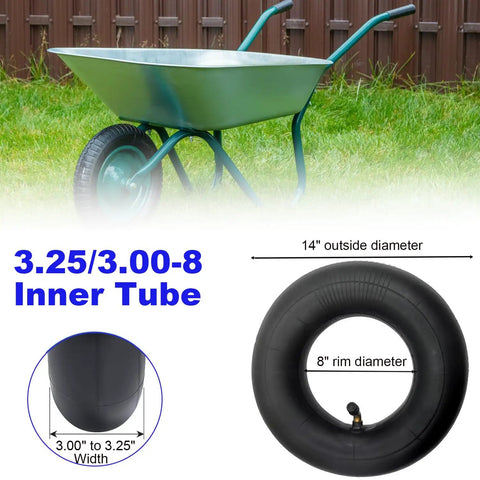 3.00-3.25-8 Replacement Inner Tubes With TR-87 Bent Valve Stem For 8 Inch Rims near wheelbarrow, showing dimensions