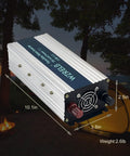 Solid 1000 Watt Pure Sine Wave Inverter Yanks Quick 48 V DC And Turns It Into Smooth 110 120 V AC With Dual Outlet Plugs And Crisp LED Display Off Grid Portable Power Converter ready for RV builds, showing dimensions in camping setting.