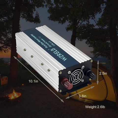 Solid 1000 Watt Pure Sine Wave Inverter Yanks Quick 48 V DC And Turns It Into Smooth 110 120 V AC With Dual Outlet Plugs And Crisp LED Display Off Grid Portable Power Converter ready for RV builds, showing dimensions in camping setting.