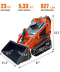 Compact Track Loader With 43.8 Inch Bucket, Stand On Skid Steer, 23HP Hydraulic Drive, 840 Lb Lift, 3600 RPM, Rugged Mini Skid Steer For Home DIY, Industrial Jobs, Orange Red In Stock USA, showing dimensions and features.