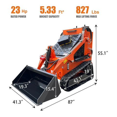 Compact Track Loader With 43.8 Inch Bucket, Stand On Skid Steer, 23HP Hydraulic Drive, 840 Lb Lift, 3600 RPM, Rugged Mini Skid Steer For Home DIY, Industrial Jobs, Orange Red In Stock USA, showing dimensions and features.