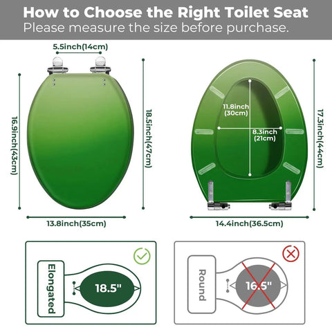 Elongated Toilet Seat Resin dimensions guide displaying size options and fitting instructions for compatibility.
