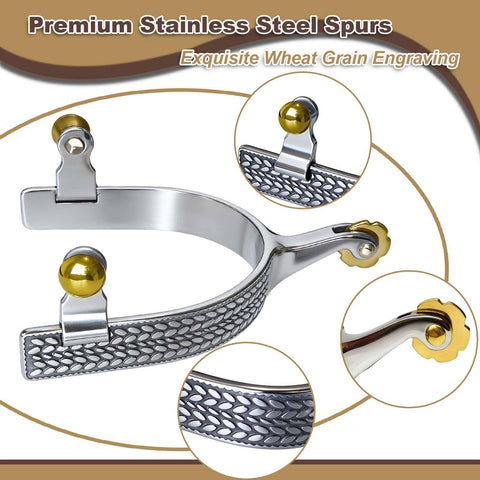 Gentle Roller Spurs With Wheat Engraving And Leather Straps, Stainless Steel English Western Riding Spurs For Men And Women, Safe Cues For Training And Dressage, Trainer Approved Equestrian Gear