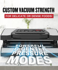 Pro Grade Vacuum Sealer Machine With Cutter And Jar Attachment For Home Kitchen showcasing pressure modes on counter.