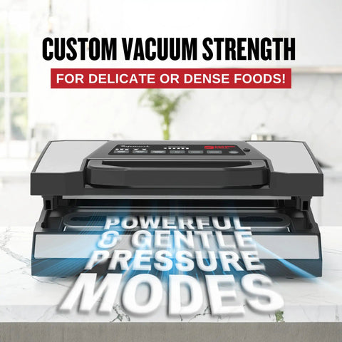 Pro Grade Vacuum Sealer Machine With Cutter And Jar Attachment For Home Kitchen showcasing pressure modes on counter.