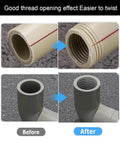 Comparison of PVC pipe threading before and after using the 2 Piece Pipe Threader Kit With One Half And Three Quarter Inch Dies Electric Drill Compatible Internal External Threading Tool For PVC Copper Fittings Home Repair Plumbing DIY Projects.